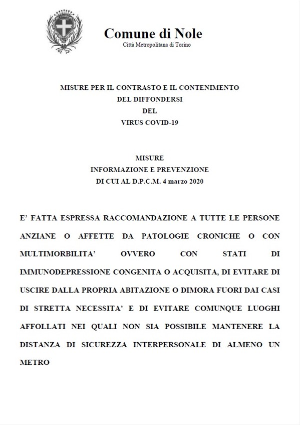 CORONAVIRUS: RACCOMANDAZIONI AGLI ANZIANI
